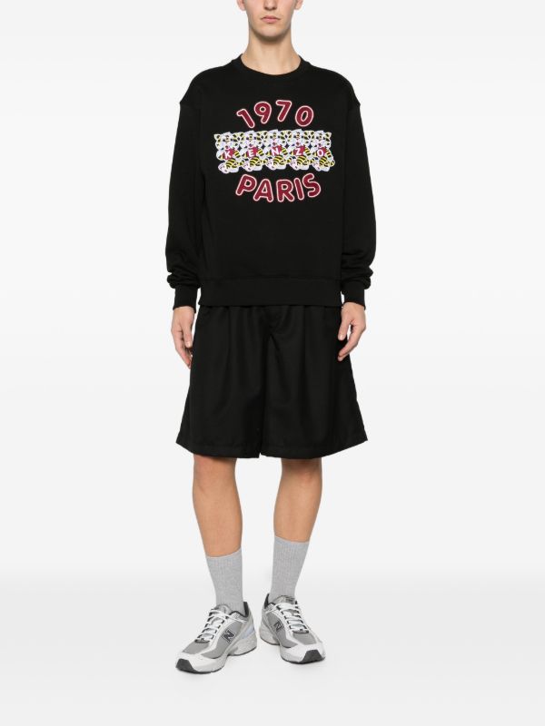 Hdfish OEM custom black crewneck sweatshirt with five cartoon tiger embroidery, 1970 Paris vintage letter print, loose unisex pullover custom apparel