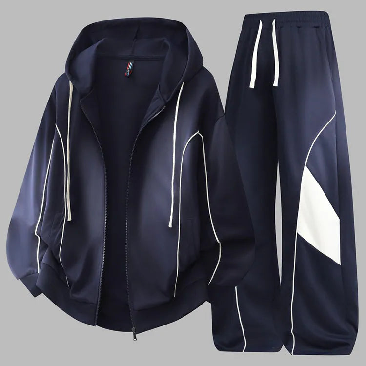 Navy color block stripe zip hoodie custom tracksuit set