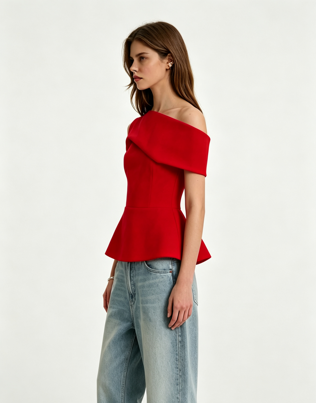 Haideyu OEM private label red off shoulder peplum blouse back detail image, hidden back zipper closure tailored fitted waist, custom logo fabric customization women elegant top, cutout white background apparel product shot