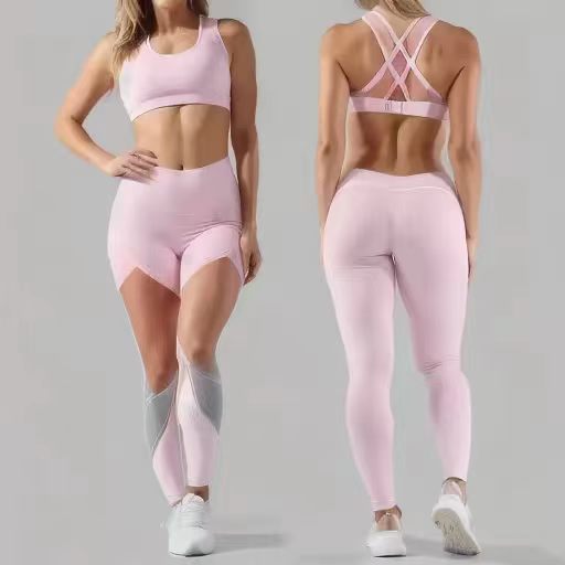 Haideyu OEM ODM custom women crisscross sheer mesh back sports bra matching seamless leggings front full body model private label blank yoga workout suit custom logo