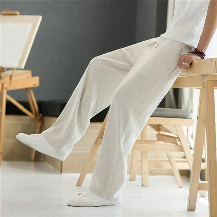 Haideyu custom ODM OEM women natural beige linen wide leg trousers, loose straight breathable cotton linen casual pants studio lifestyle shot, custom fabric logo size service from haideyu.com