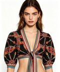 Haideyu custom multicolor Carretto print tie-front cropped blouse with puff sleeves, front view