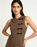 Haideyu OEM ODM striped frog-button sleeveless tailored top front view on model, neutral tone stripes with black frog closures, peplum hem for formal and casual wear