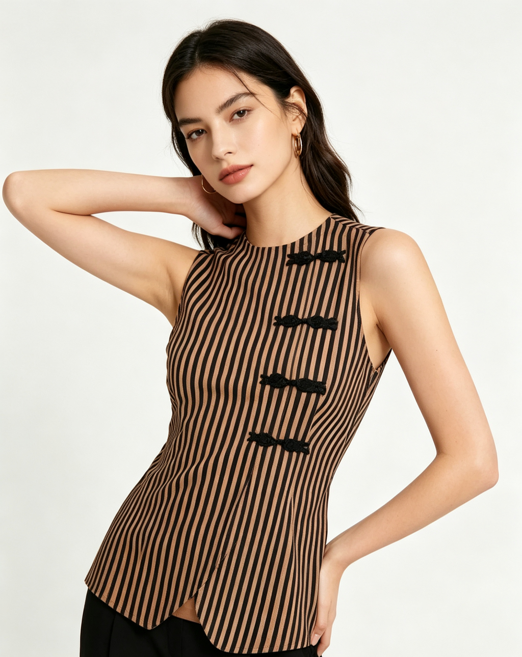 Haideyu custom striped sleeveless top side view on model, showing fitted silhouette, vertical stripe pattern and frog-button details for OEM apparel brands