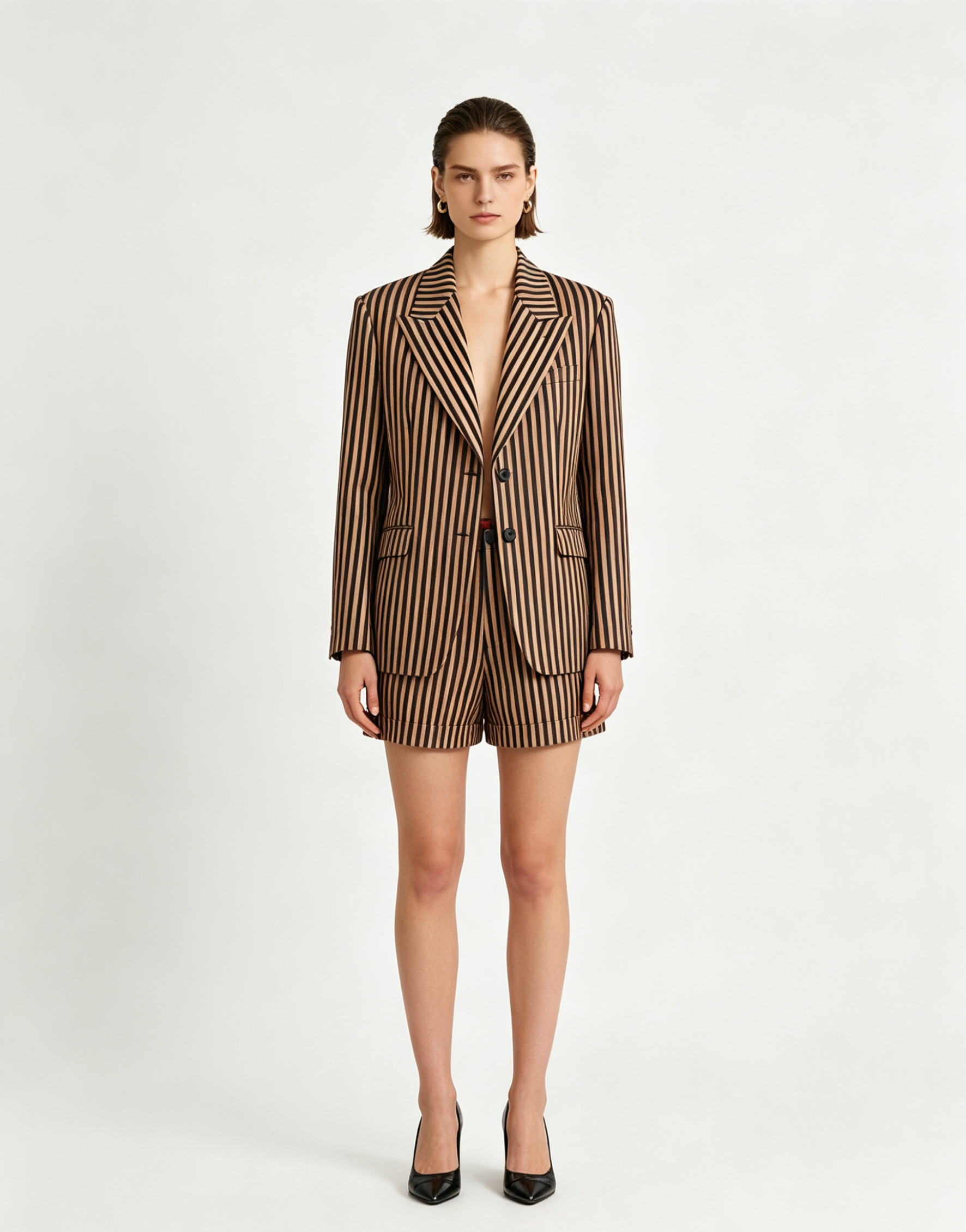 Full front view of Haideyu OEM striped shorts suit set, high waist tailored shorts, formal wear for wholesale and custom clothing