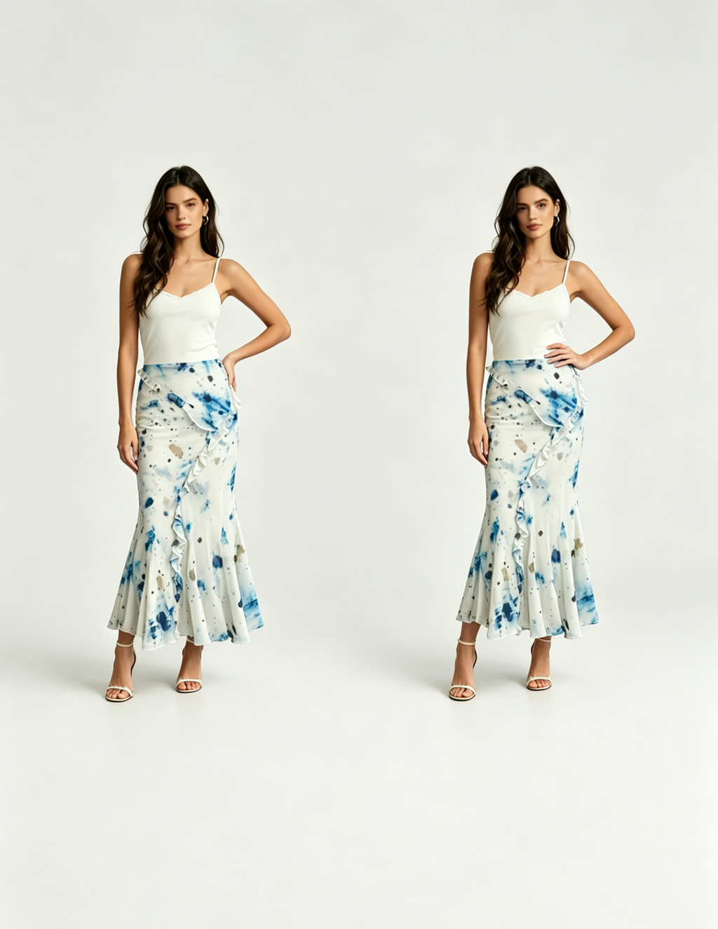 Hdfish blue ink splash print mermaid skirt on model with hand on hip