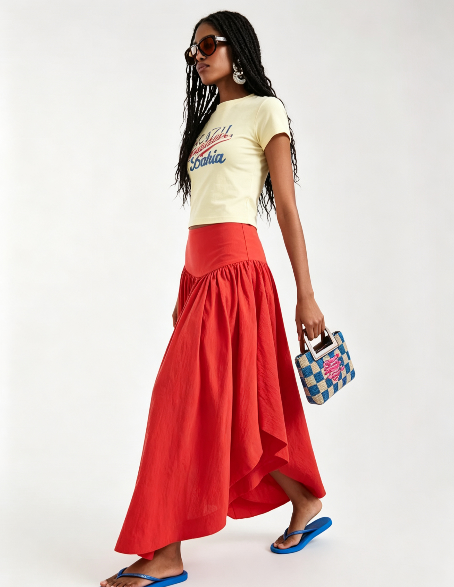 Hdfish Custom Dropped Waist Hitched Maxi Skirt, red flowy gathered long skirt with high elastic waistband, casual bohemian style for women, OEM ODM FOB service available