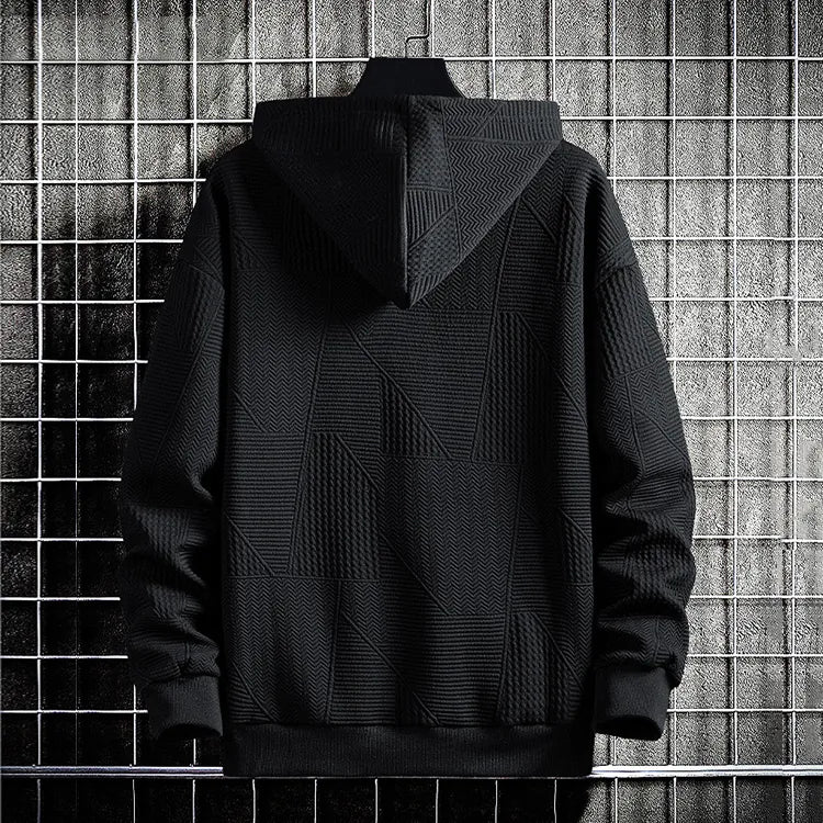 Hdfish black jacquard henley hoodie front with two-button placket two-tone drawstring and side blue tag, casual men sweatshirt