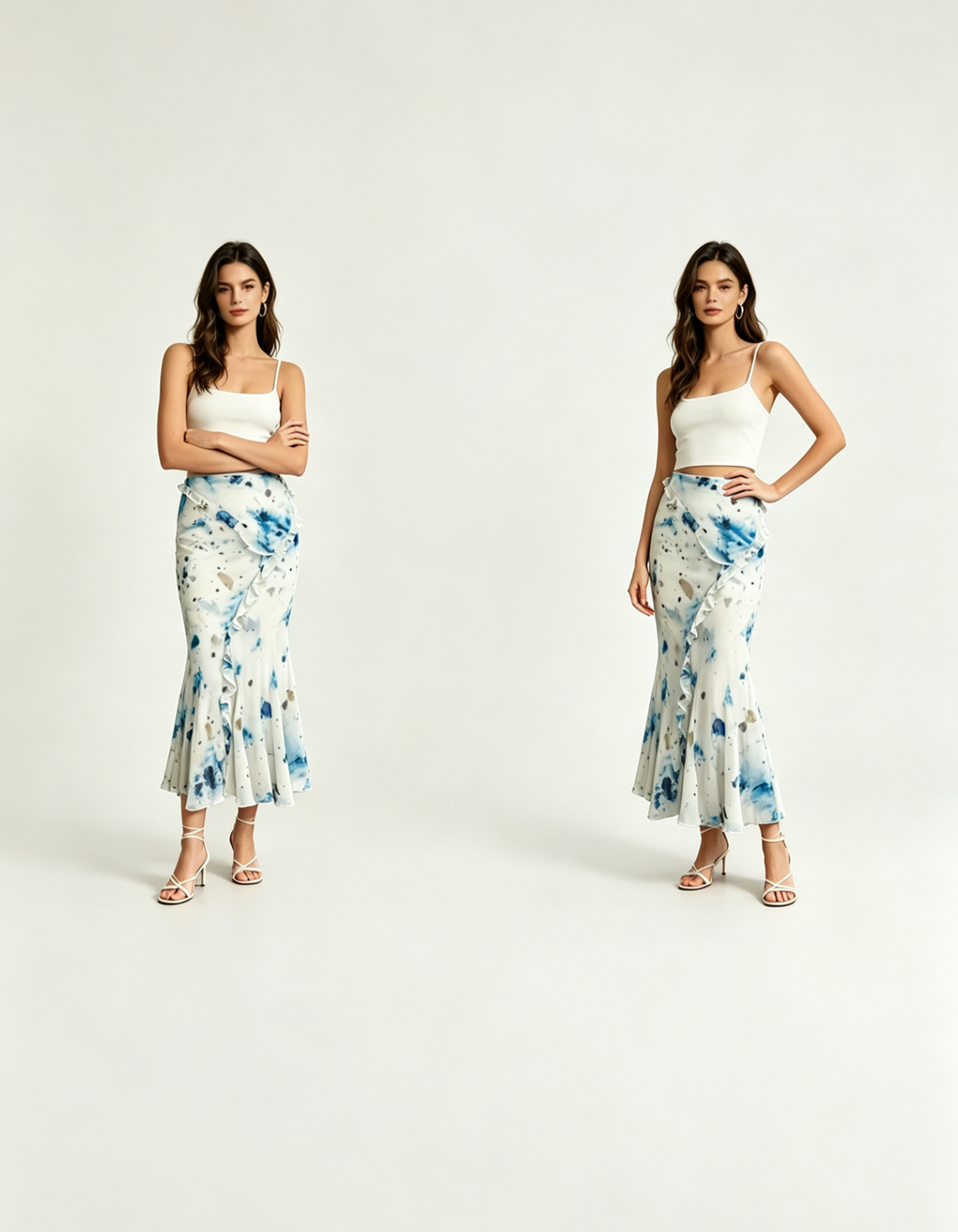 Hdfish blue ink splash print mermaid skirt on model with hand on hip