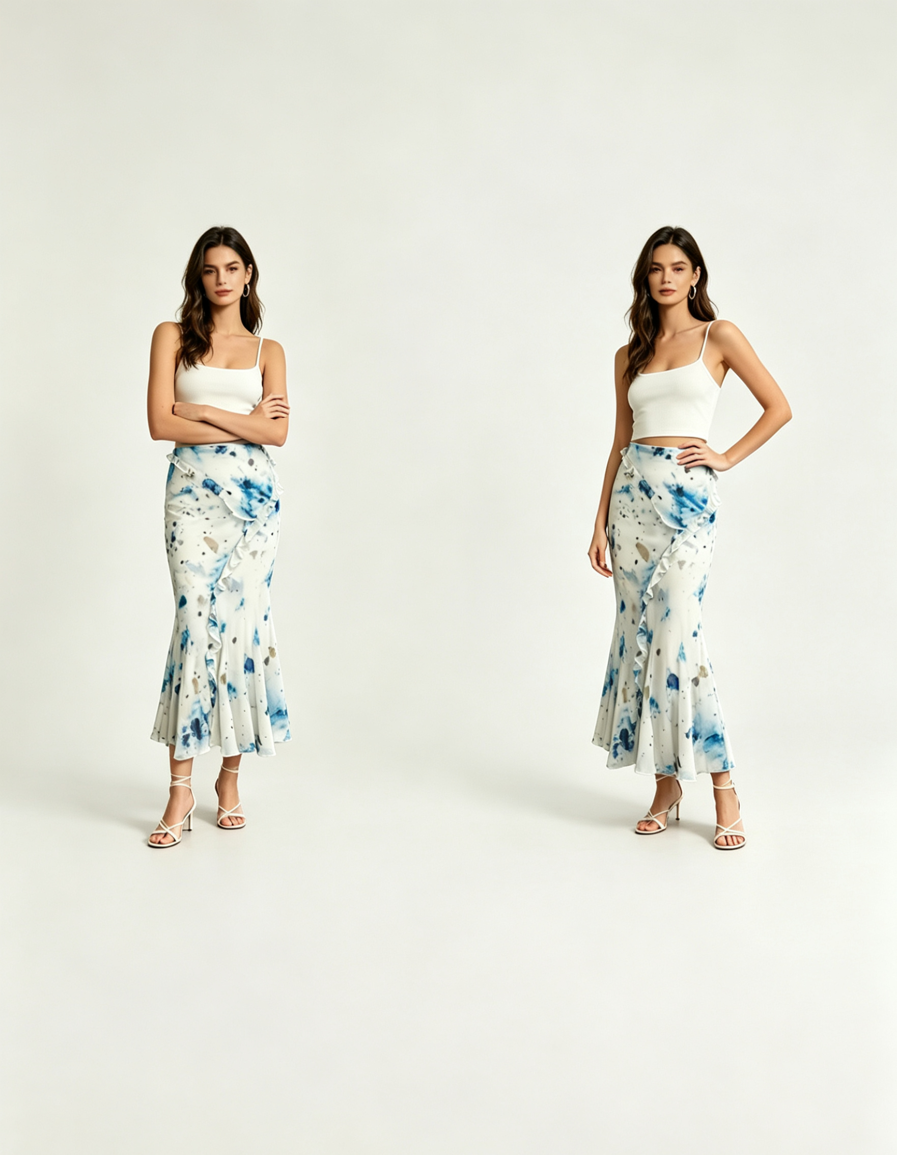 Hdfish blue ink splash print mermaid skirt on model with hand on hip