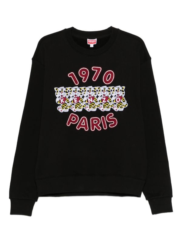 Flat lay custom five tiger KENZO letter embroidered crewneck sweatshirt, 1970 Paris vintage design customizable cotton sweat top