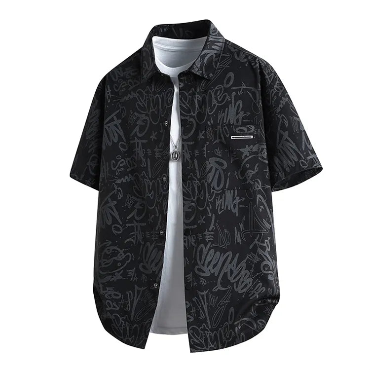 Hdfish black all over graffiti print short sleeve casual men shirt OEM custom allover printing service
