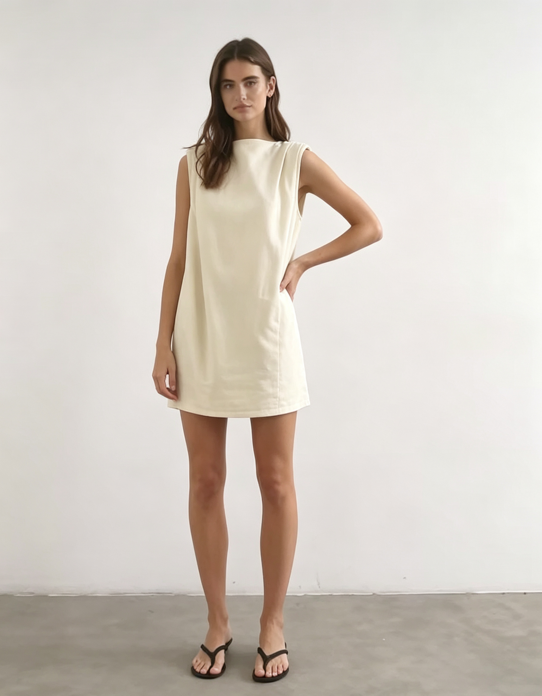  Hdfish Linen Rich Sleeveless Mini Shift Dress, front view in cream color, boat neck straight silhouette, lightweight casual summer dress, OEM/ODM custom, 50 MOQ, contact Hdfish88@outlook.com