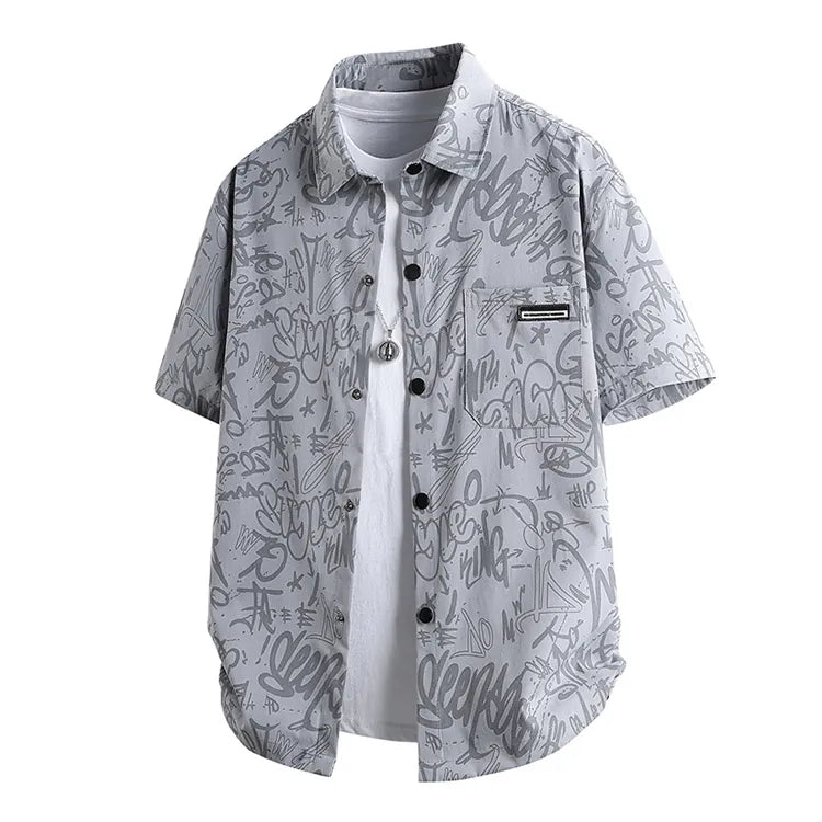 Hdfish light gray full graffiti pattern men oversized button shirt custom logo wholesale clothing
