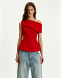 Haideyu custom women red asymmetrical off shoulder peplum blouse straight front view, structured folded neckline, tailored waist flared hem, OEM ODM custom fabric color size service, high fashion fitted corset top for party daily outfit, pure white transparent background no watermark