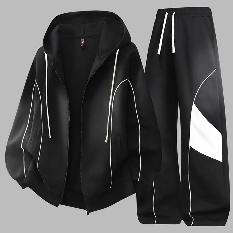 Haideyu private label custom zip hoodie tracksuit black contrast stitching & panel detail view