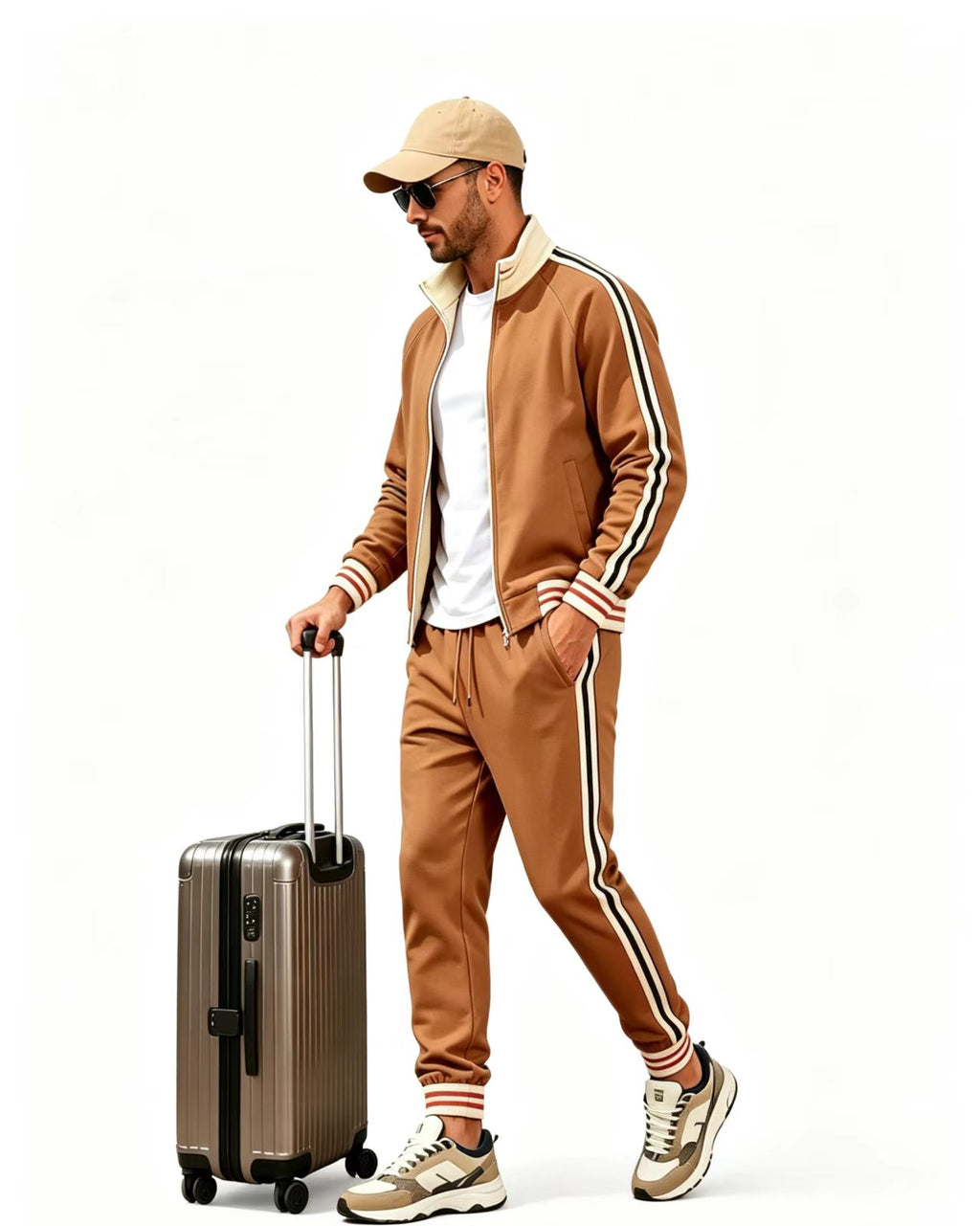 Haideyu wholesale custom mens brown stripe track jacket jogger set, single model side profile travel luggage walking pose OEM custom print clothing haideyu.com