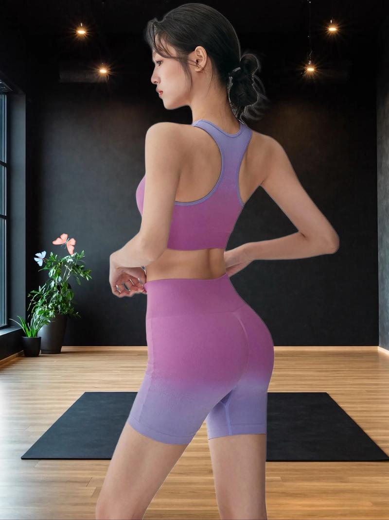 Crossback strap workout top two-piece set purple rear structure close-up, ODM custom athletic apparel
