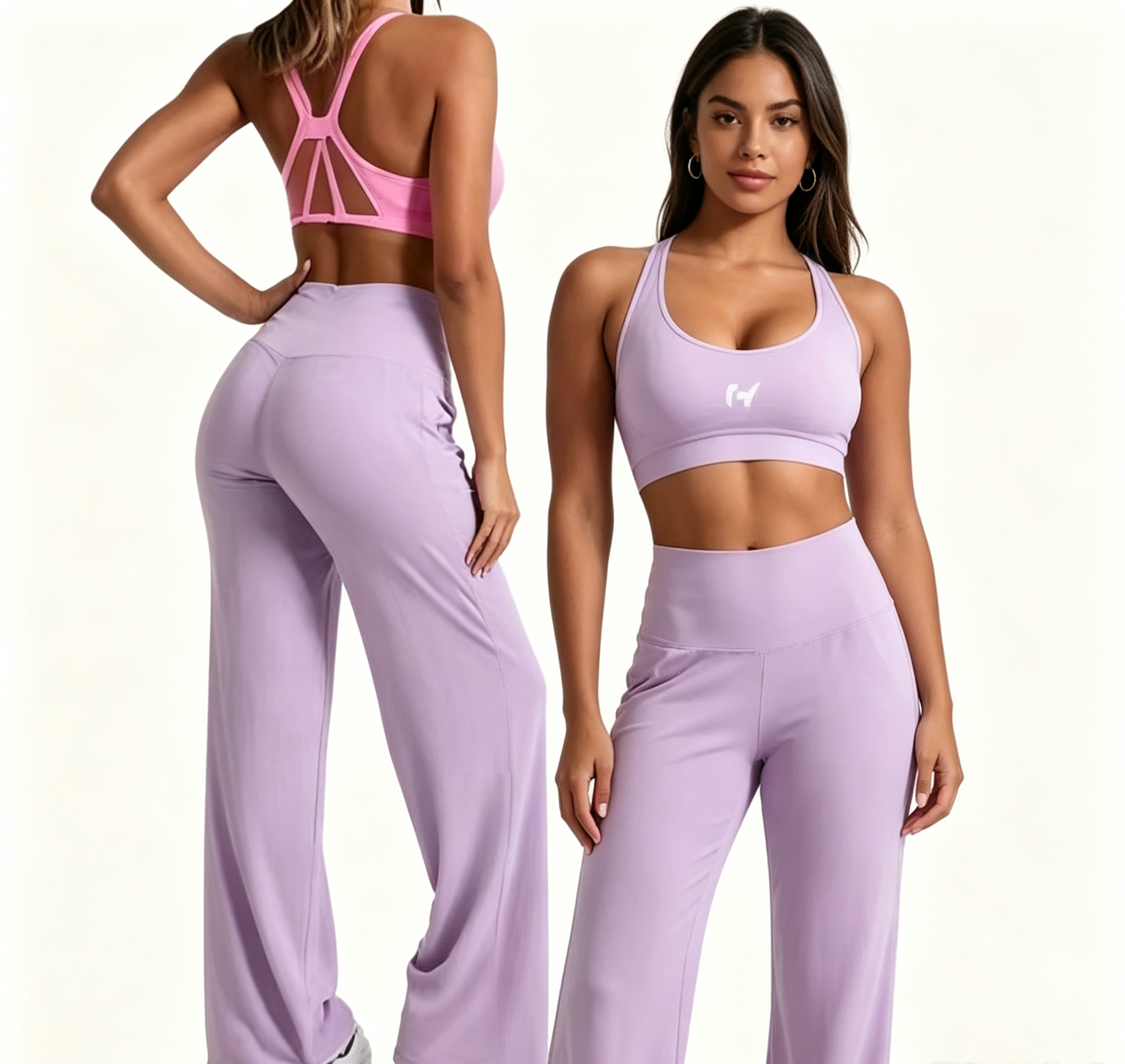 ODM custom light purple yoga matching set back shot, hollow mesh racerback sports bra high rise wide leg flare pants women fitness apparel no logo