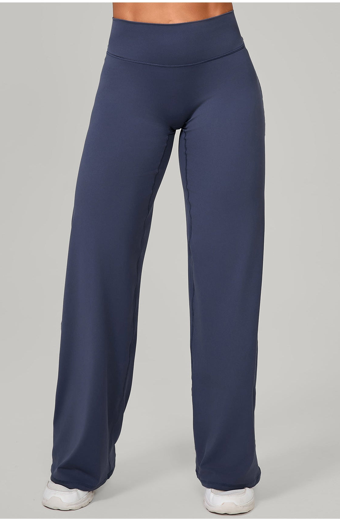 Dark blue high-rise wide leg yoga pants complete wearing effect, private label custom bell bottom bottoms