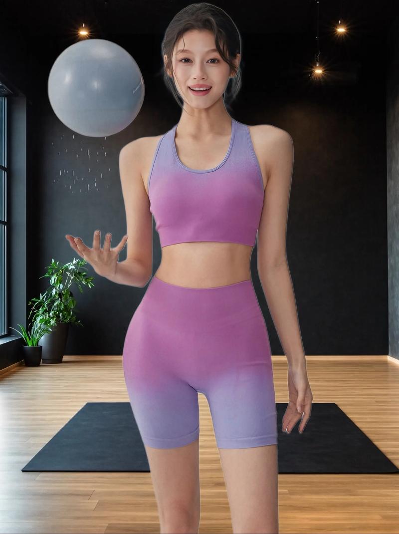 Gradient dyed women’s fitness coord purple full front model wearing shot, two-piece activewear set Haideyu factory