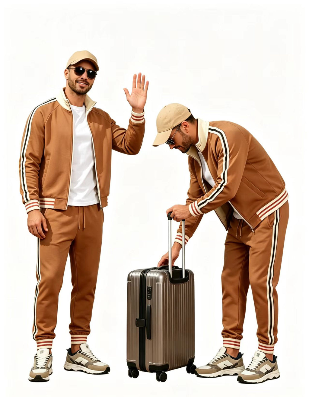 Haideyu OEM custom brown striped men track suit, two male models travel pose with rolling luggage, wholesale zip up jacket jogger pants set ODM private label clothing