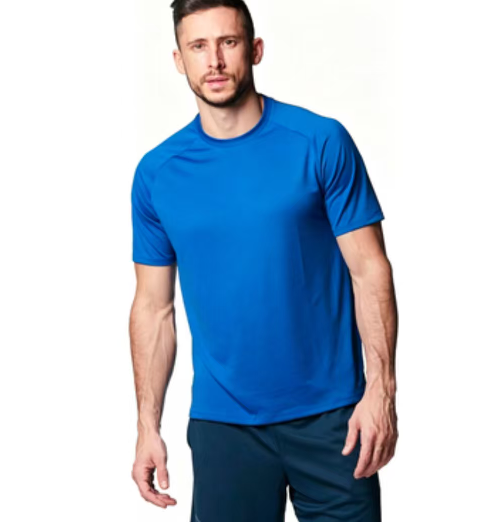 Haideyu OEM custom blue moisture wicking men's athletic t-shirt front model standing shot