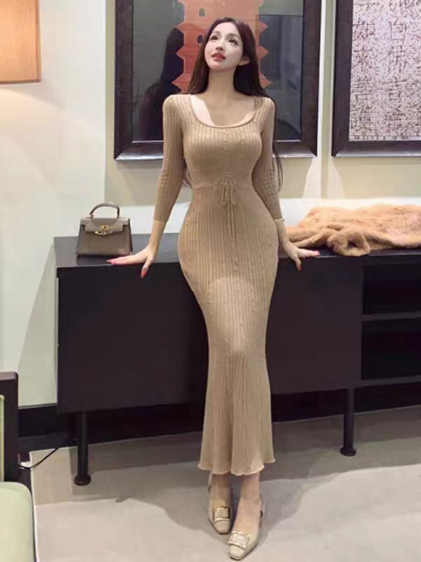 Haideyu OEM Ribbed Knit Mermaid Maxi Dress Square Neck Long Sleeve Bodycon Dress