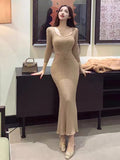 Haideyu OEM Ribbed Knit Mermaid Maxi Dress Square Neck Long Sleeve Bodycon Dress