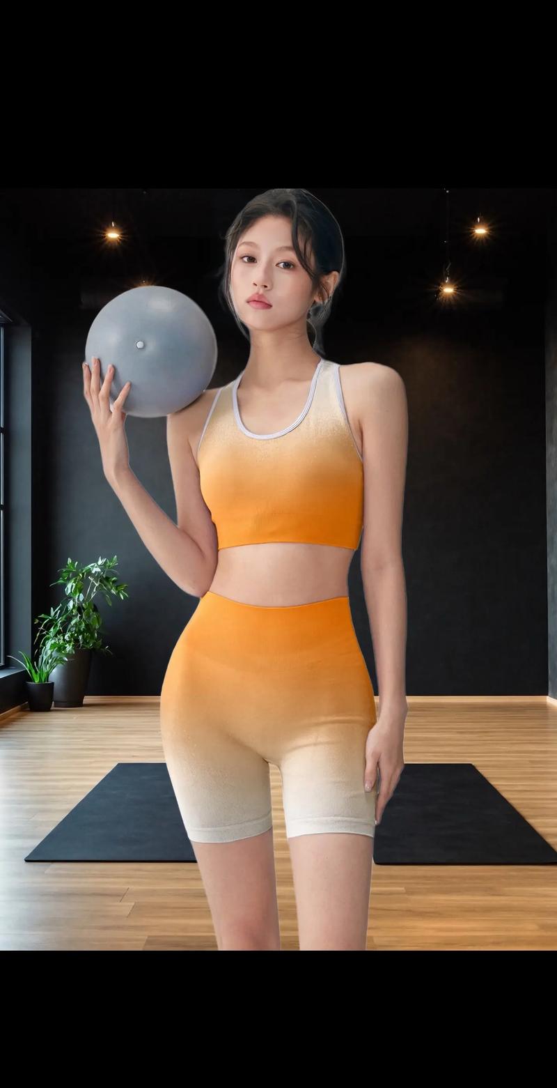 Orange ombre stretch gym coord outfit women full body studio photo, bulk wholesale custom yoga suit