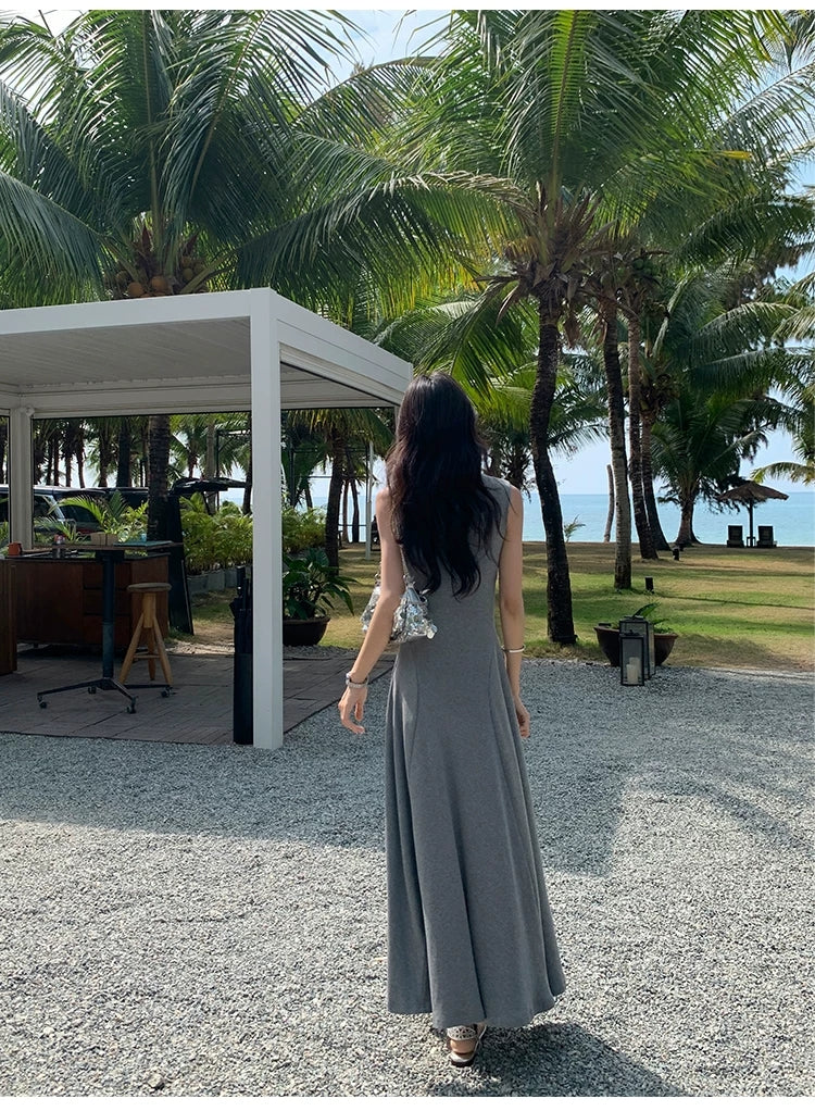 Women Minimalist High Neck Sleeveless Knit Maxi Dress Bulk Custom
