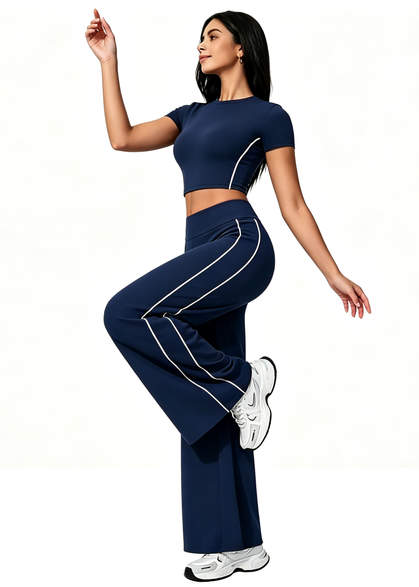 Haideyu custom quick dry sweat wicking fitness outfit, side stripe cropped top high rise wide leg yoga pants, full body side profile model studio shot for running & HIIT training