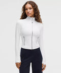 White ribbed cropped zip up athletic jacket stand collar slim fit front view custom activewear from haideyu.com