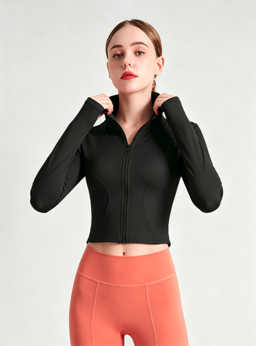 Model adjusting stand collar on Haideyu customized women athletic zip jacket, cropped waist design seamless stretch fitness training outerwear