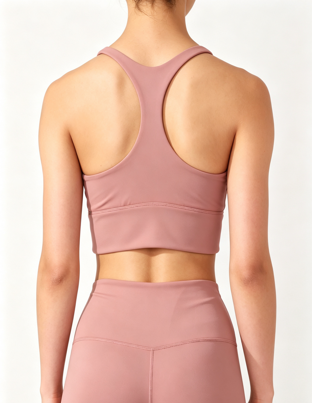 Stretch naked-feel athletic top low back cut model wearing view, ODM custom women’s workout apparel