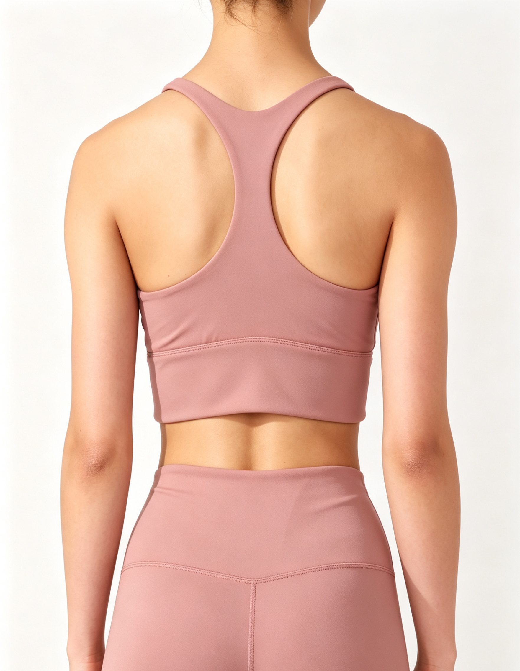 Stretch naked-feel athletic top low back cut model wearing view, ODM custom women’s workout apparel