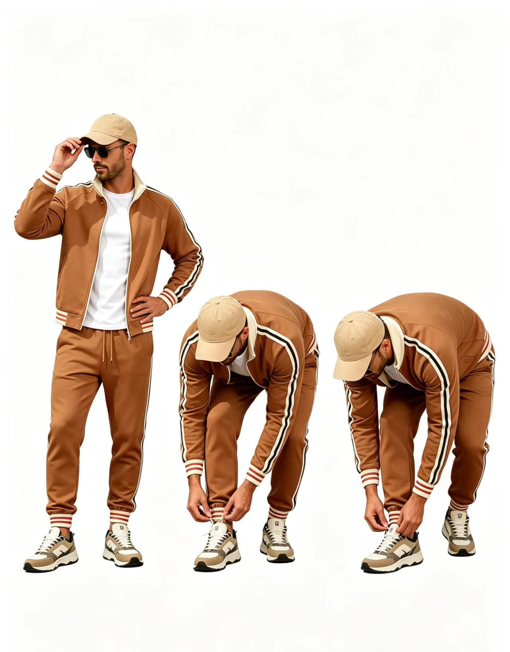 Haideyu ODM custom men brown striped two piece tracksuit, multi angle model poses showing ankle jogger pant cuffs, OEM custom logo apparel bulk supply haideyu.com