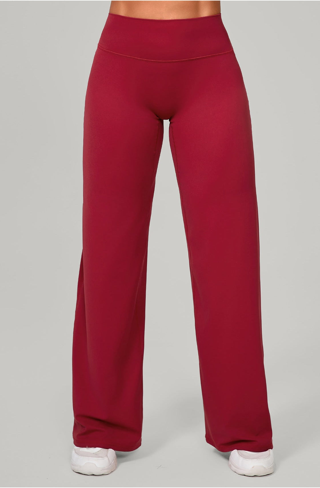 Wine red high waist flared yoga trousers full front wearing shot, stretch dance bell bottoms Haideyu OEM