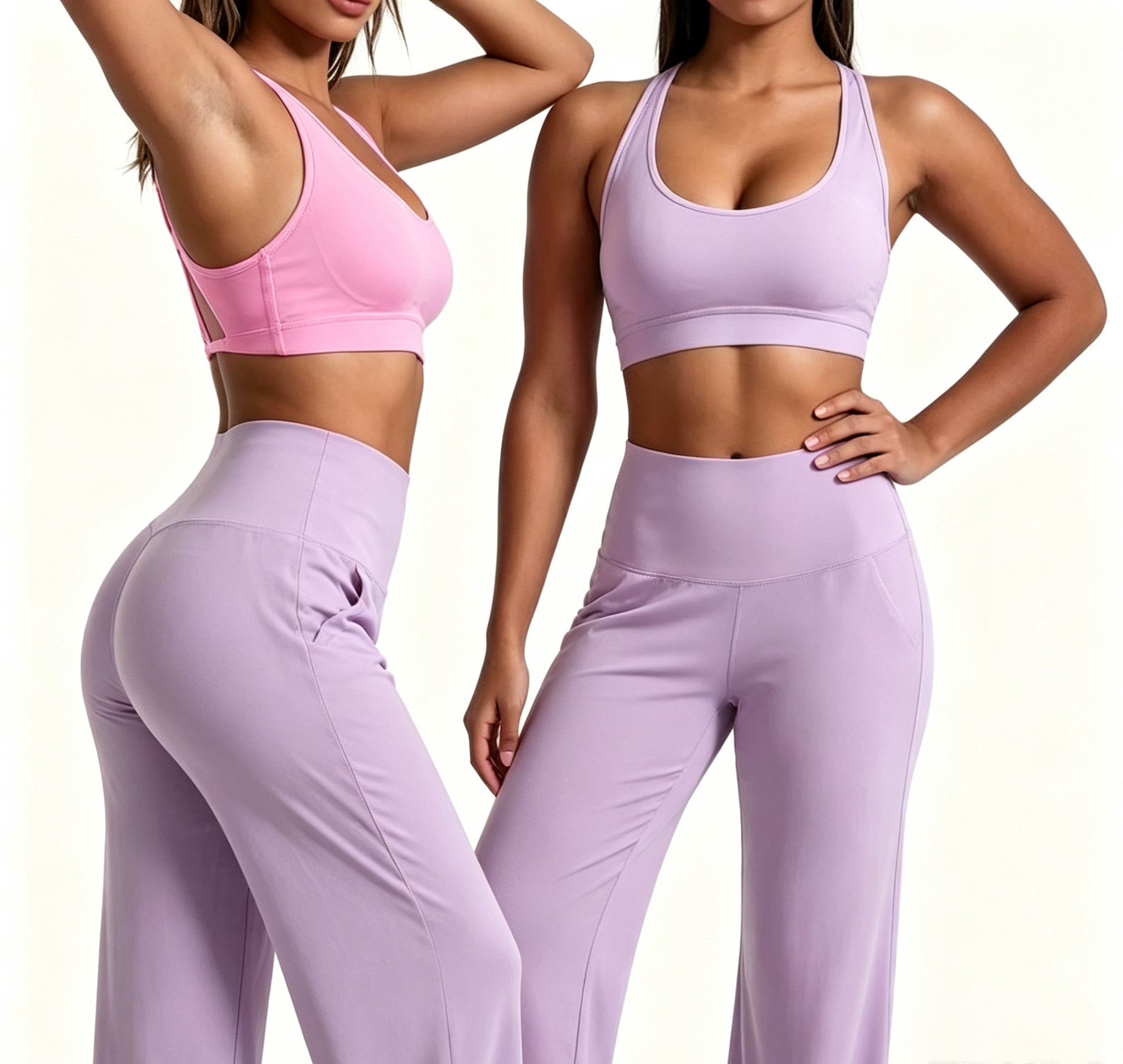 Haideyu OEM women purple gym two piece set side stretch pose, soft stretch workout bra loose flared trousers custom logo blank activewear