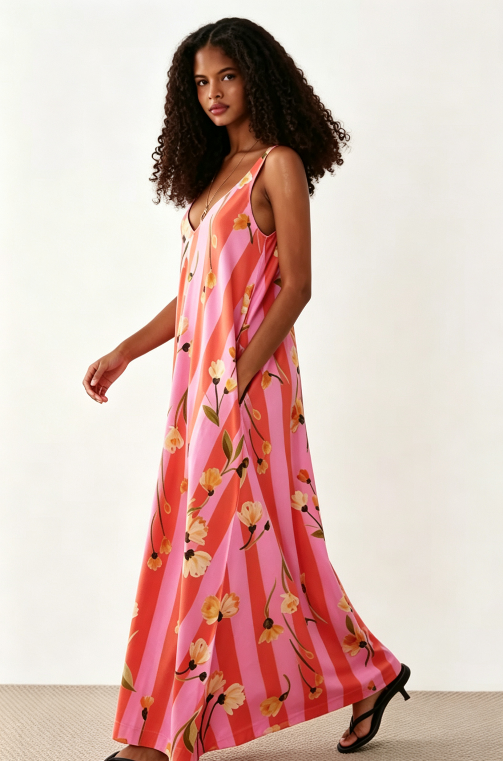 Hdfish Custom Sleeveless Floral Striped Maxi Dress with Side Pockets for Women
