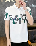 hdfish Men's White Short Sleeve Polo Shirt with Geometric Letter Print, Casual Streetwear for Daily Wear