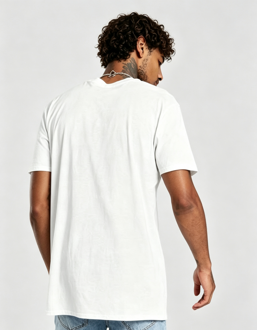 hdfish Men's Plain Black Crew Neck T-Shirt Side Back View, Basic Casual Short Sleeve Streetwear Tee