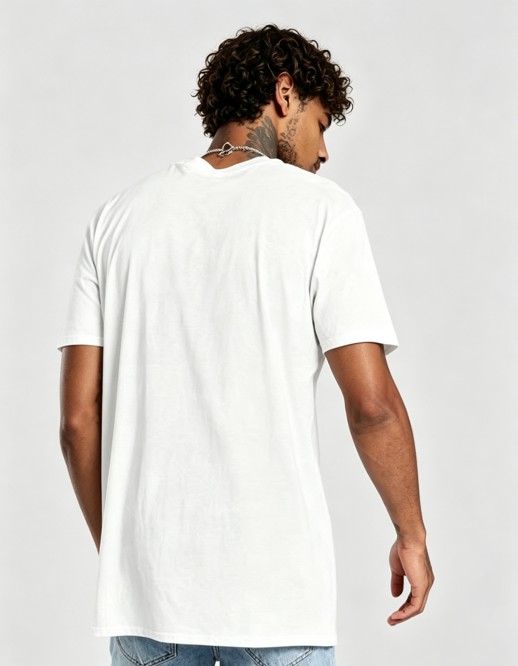 hdfish Men's Plain Black Crew Neck T-Shirt Side Back View, Basic Casual Short Sleeve Streetwear Tee
