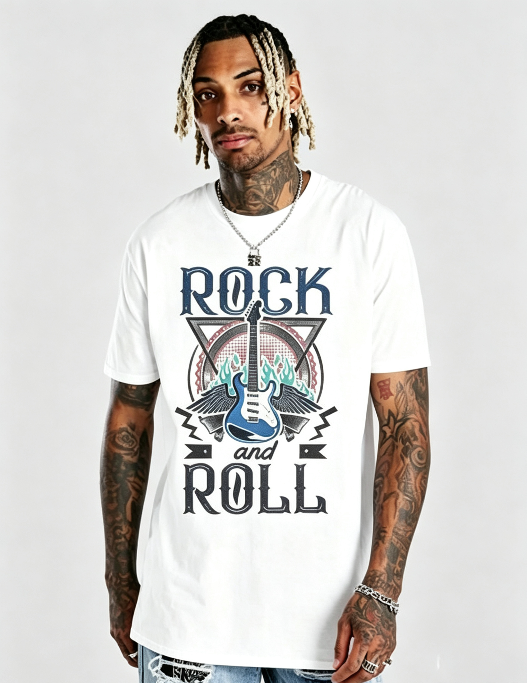 hdfish Men's Retro Rock & Roll Guitar Print Black T-Shirt, Casual Streetwear Crew Neck Tee
