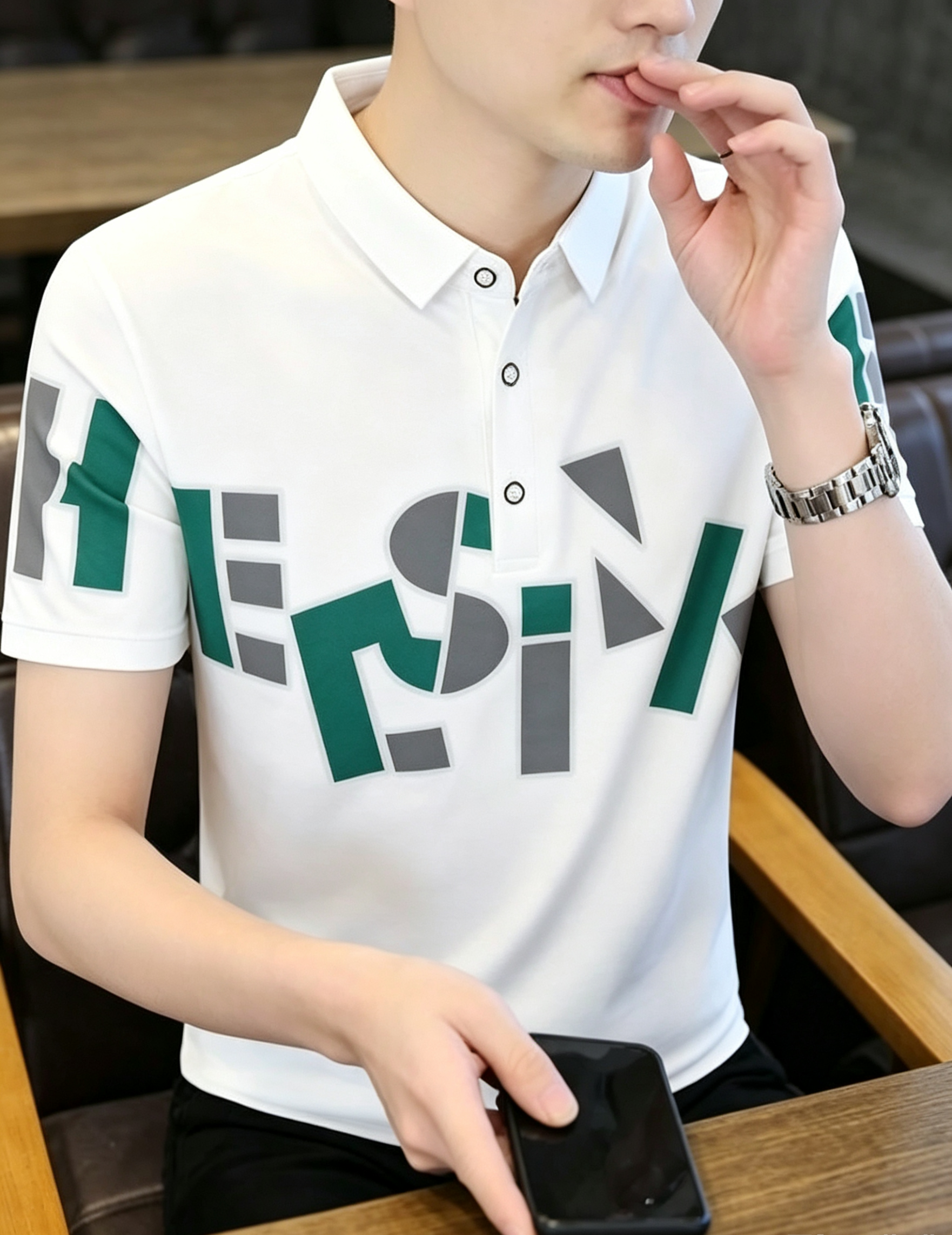 hdfish Men's Beige Short Sleeve Polo Shirt with Unique Letter Graphic, Stylish Casual Streetwear