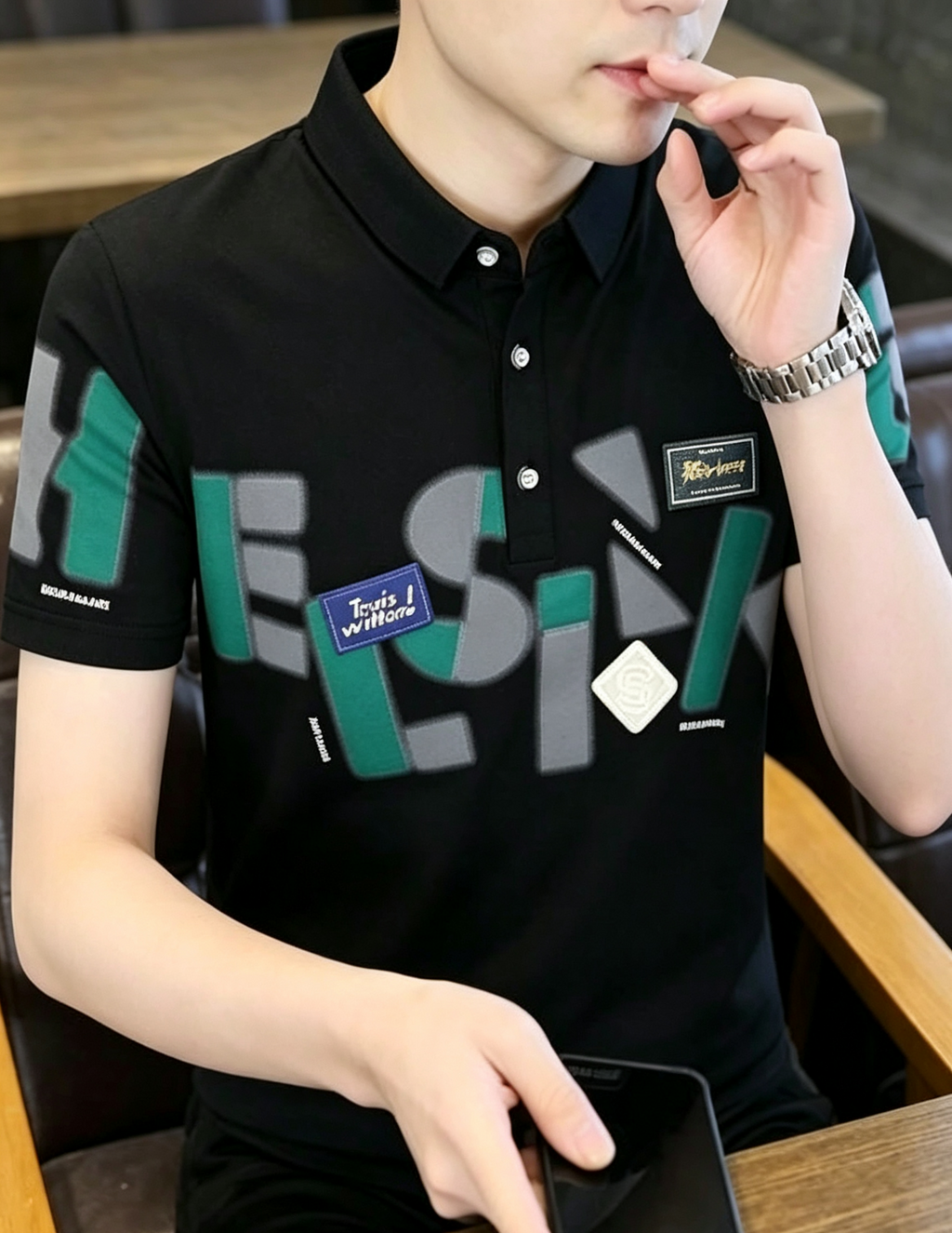 hdfish Men's Black Casual Polo Shirt with Green Gray Abstract Letter Print, Comfortable Daily Wear