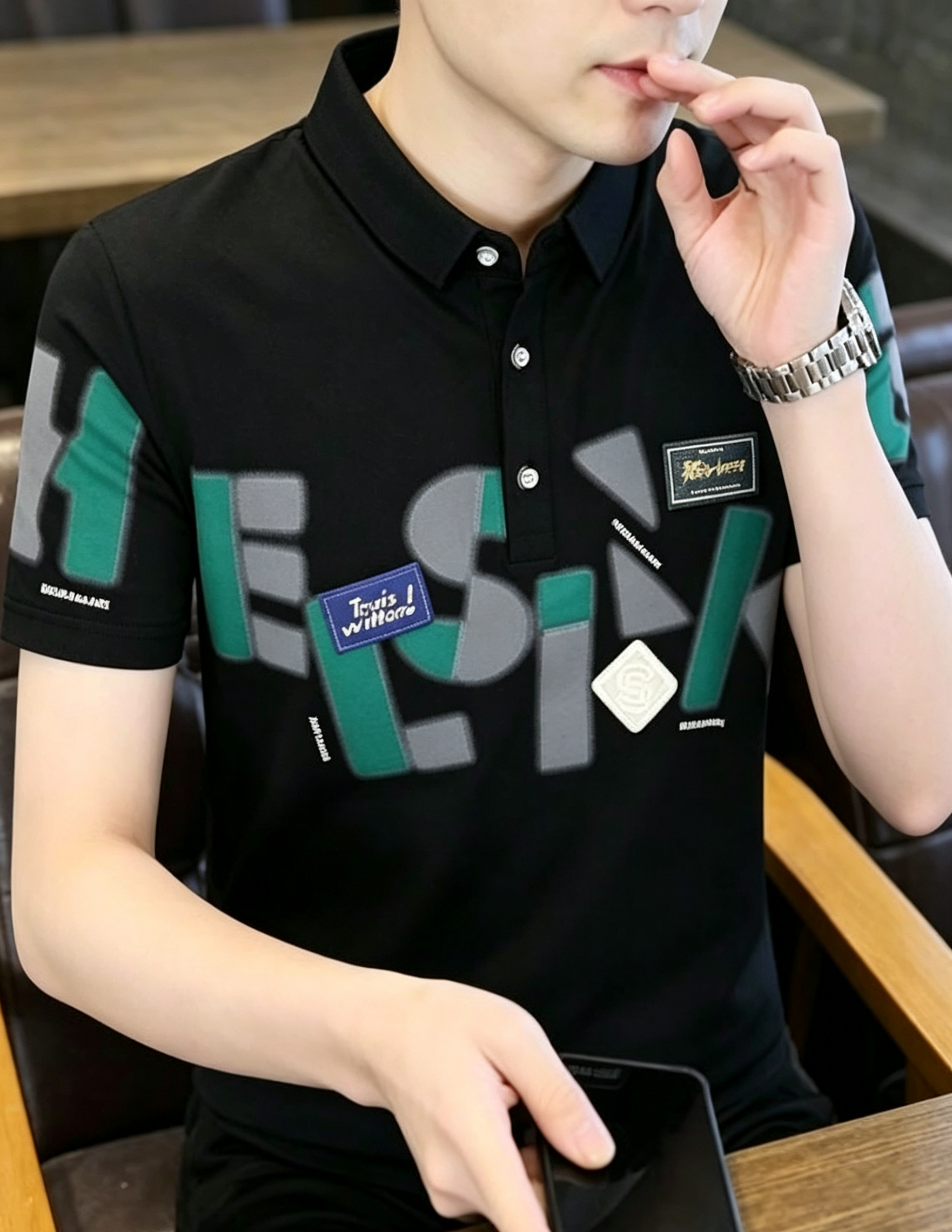 hdfish Men's Black Casual Polo Shirt with Green Gray Abstract Letter Print, Comfortable Daily Wear