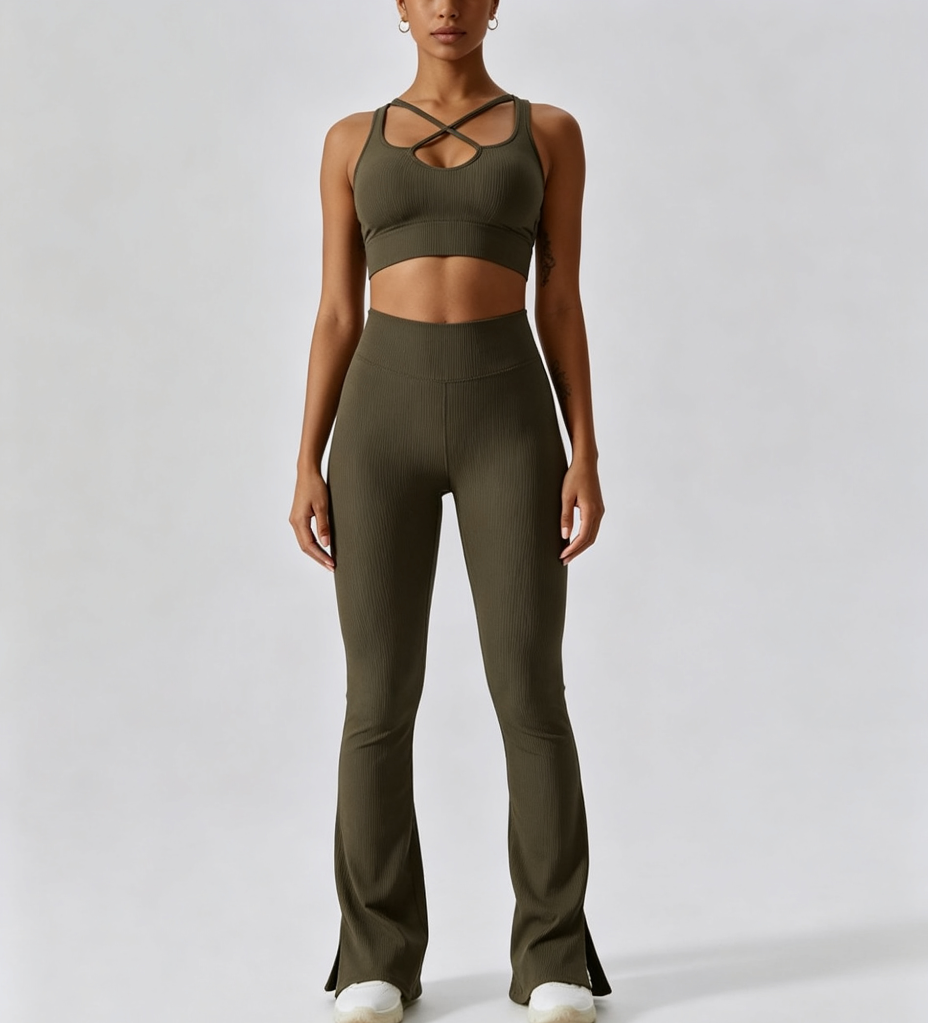 hdfish olive ribbed two-piece athletic outfit for yoga, gym and casual wear