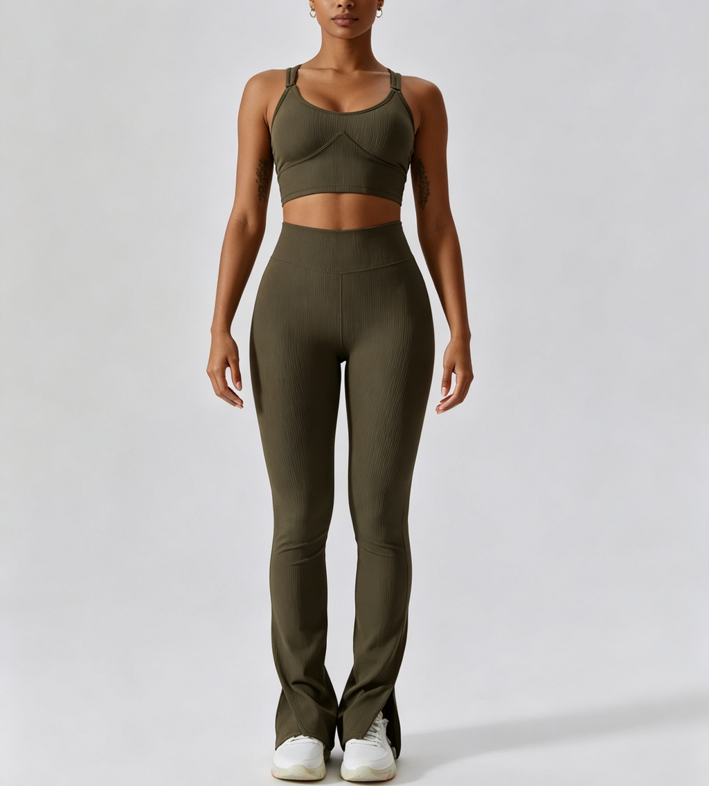  hdfish women's olive green ribbed yoga set with slit flare leggings and adjustable sports bra