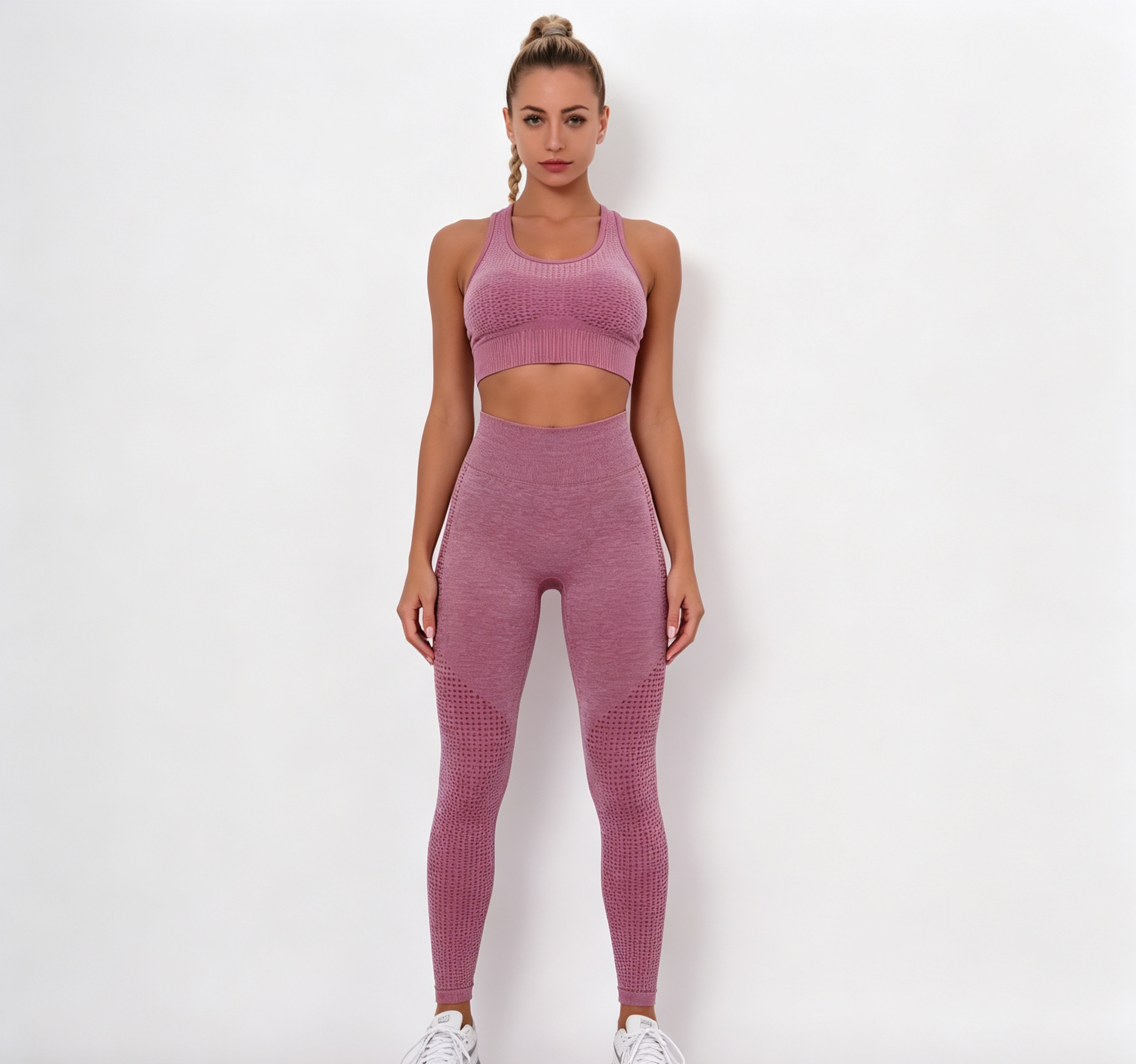 hdfish women's 2-piece pink athletic set, stretch seamless fabric for gym and yoga